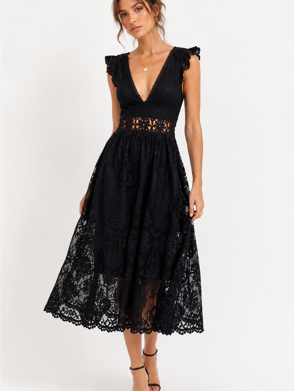Black Embroidered Lace Midi Dress M Open Back Flutter Sleeve Whimsigoth
